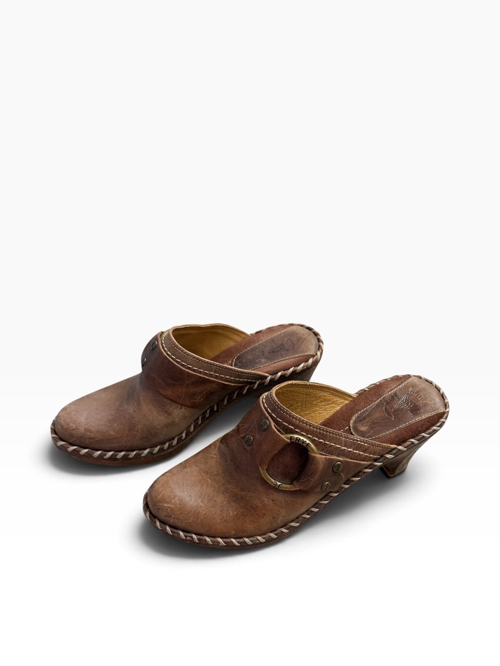 Vintage FRYE Charlotte ring harness leather wedge clogs mules size 7.5